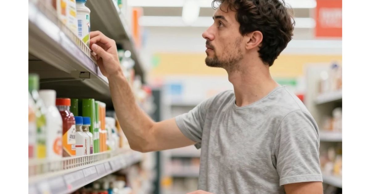 man shopping mindfully with reusable bag, considering purchases carefully, conscious consumer and zero-waste mindset