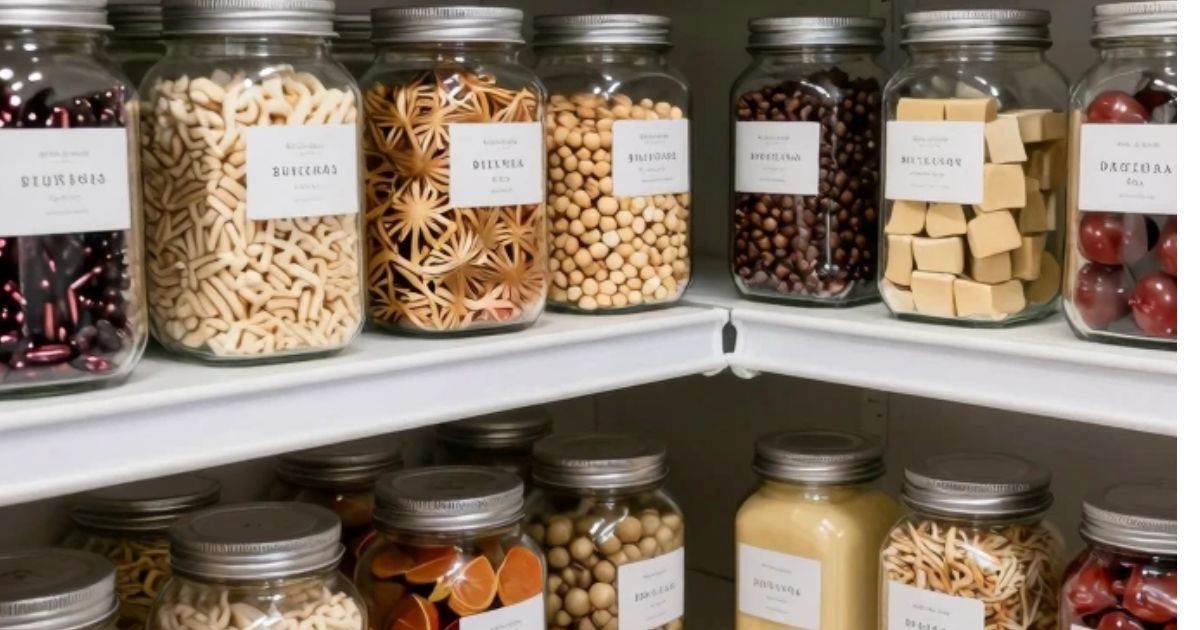 Organized zero-waste pantry with glass jars filled with bulk grains, nuts, and dried goods, labeled for easy identification