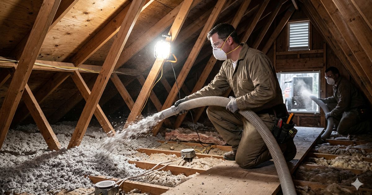Professional installer laying fiberglass insulation batts in residential attic, demonstrating proper home insulation techniques for energy efficiency