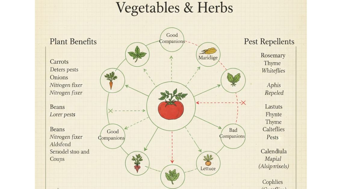 companion planting chart showing-beneficial plant combinations