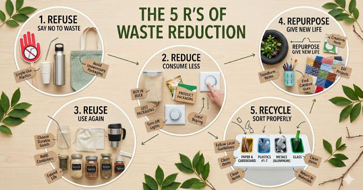 Visual guide to the 5 R's of zero waste living: refuse, reduce, reuse, rot, recycle with glass jars, compost, and recyclables for American households"