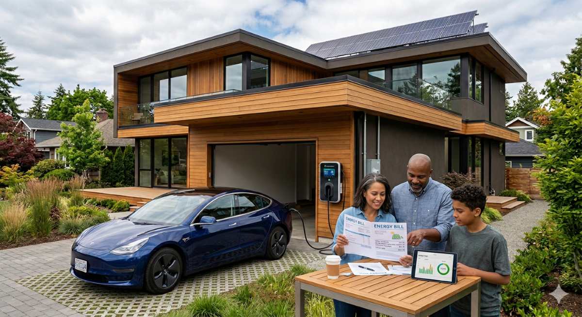 Happy American family sitting at kitchen table reviewing lower monthly energy bill after home efficiency upgrades with visible savings