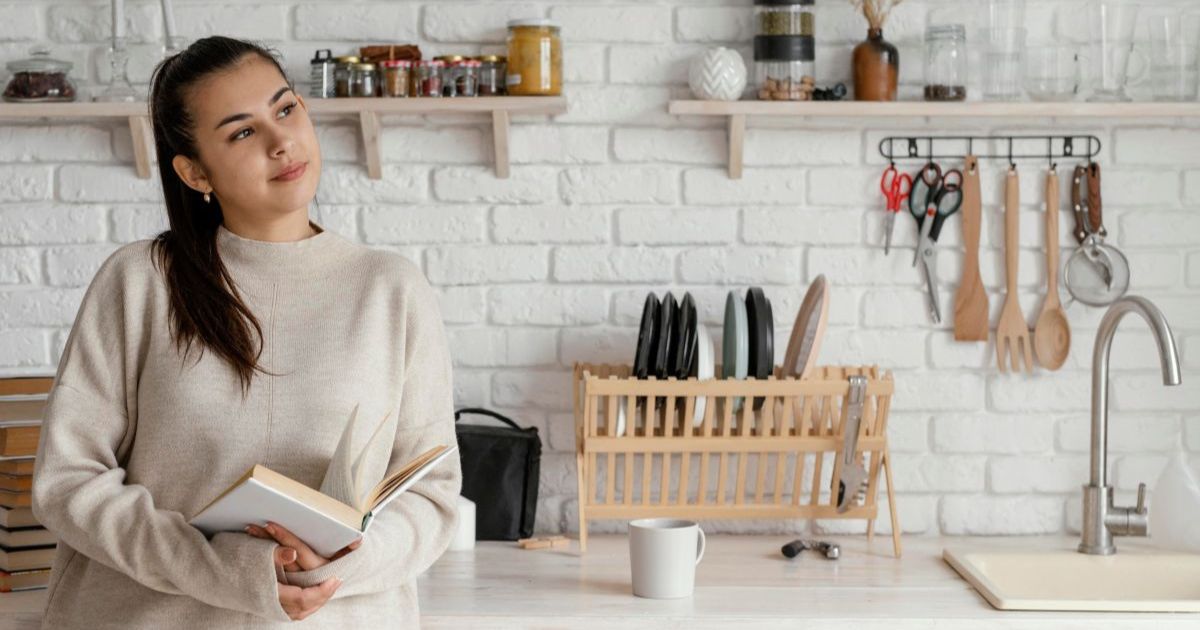 "Gulnaz Abdrakhmanova portrait smiling, practical minimalist influencer with three children, showing organized clutter-free home and decluttered living space background