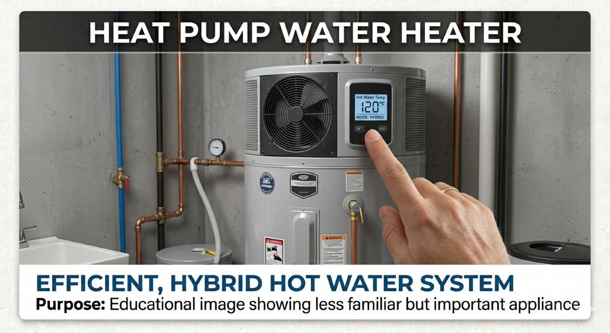  Modern heat pump water heater installed in residential basement with ENERGY STAR label visible, energy-efficient alternative to traditional water heaters