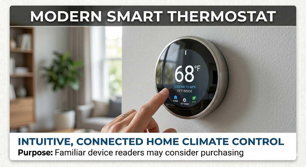 Hand adjusting modern smart thermostat with digital display showing temperature settings, energy-efficient home automation device for HVAC optimization