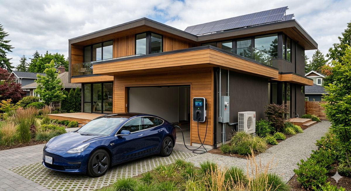 Electric vehicle plugged into Level 2 home charging station attached to garage with solar panels visible on roof above
