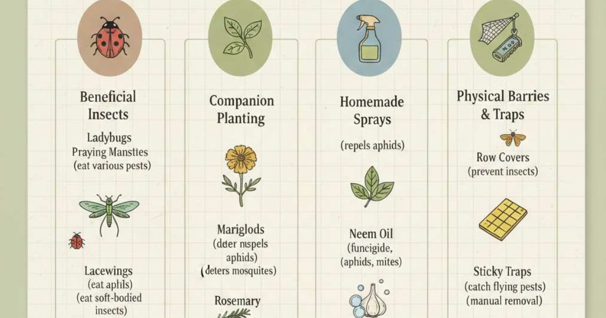 Natural pest control: ladybugs, neem oil, row covers