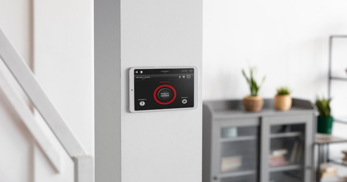 Smart thermostat mounted on wall with digital display showing temperature schedule, Nest or Ecobee style