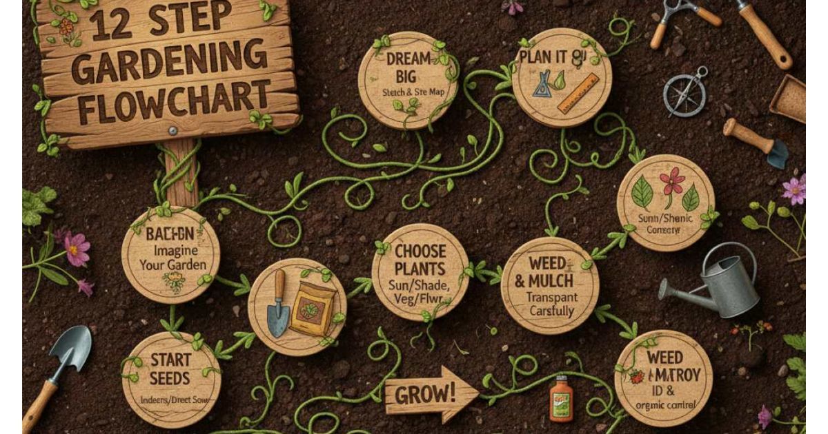 Visual flowchart: 12 steps to start a garden successfully
