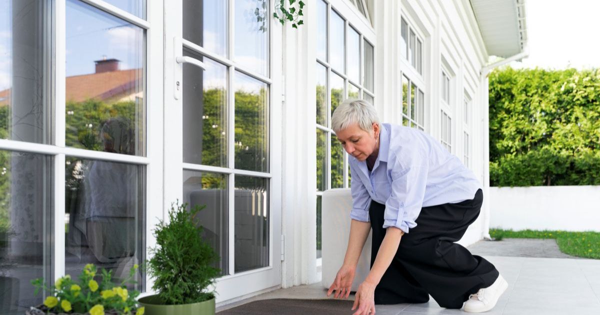 Homeowner applying weather stripping to window frame, sealing air leaks for energy efficiency"