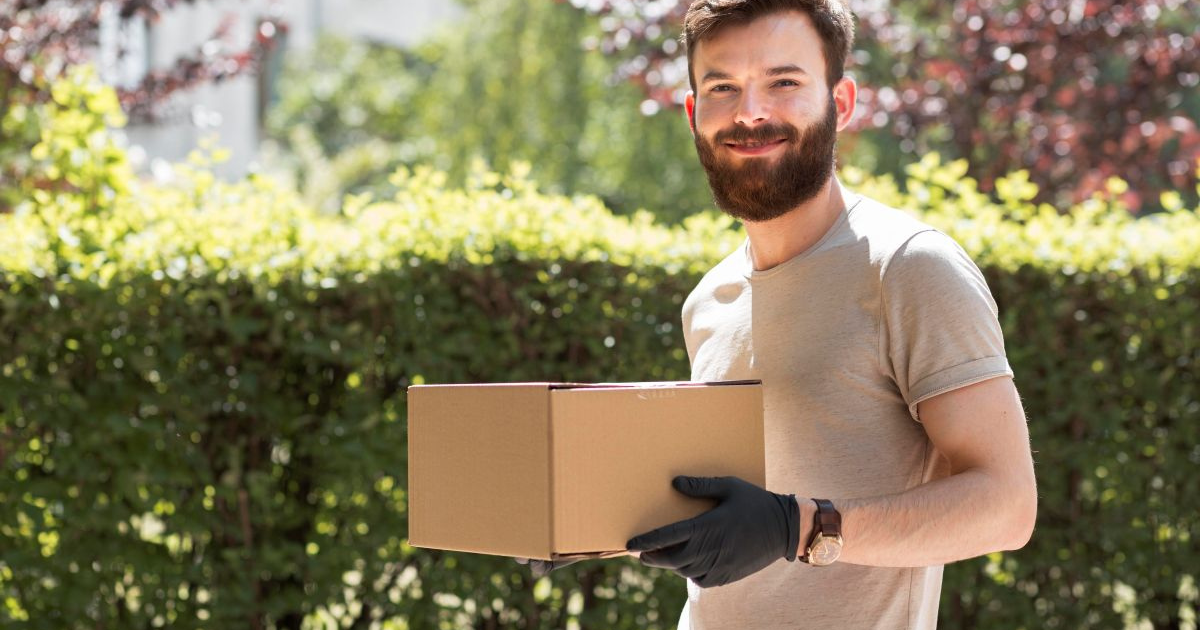 Rural resident receiving zero waste online order package, sustainable shopping accessible anywhere in 2026
