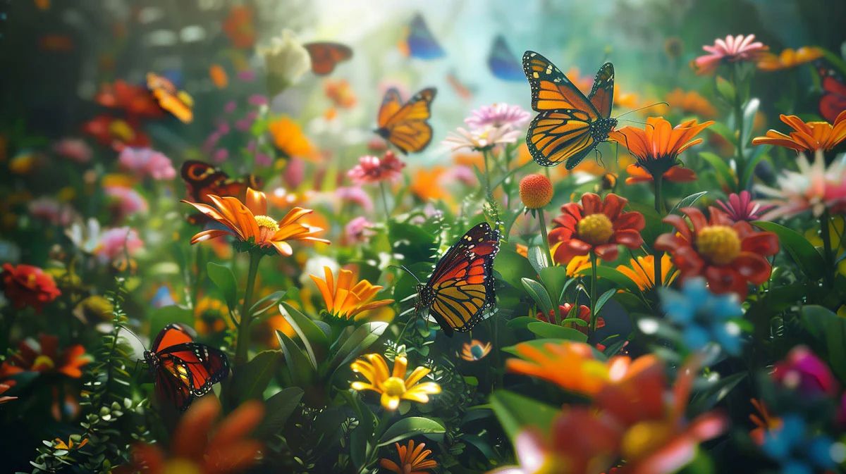 Monarch butterfly feeding on colorful milkweed flowers in a butterfly garden with green foliage background
