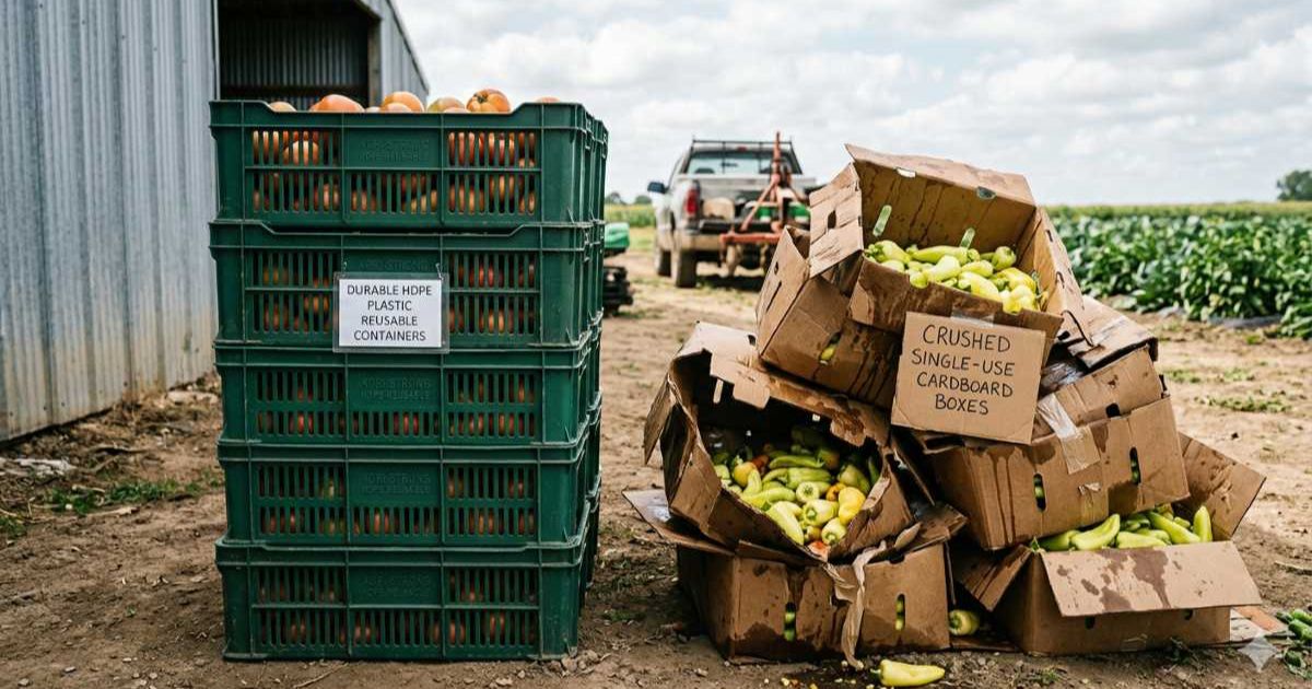 Stack of durable agricultural reusable containers made from HDPE plastic compared to crushed single-use cardboard boxes side by side in farm setting