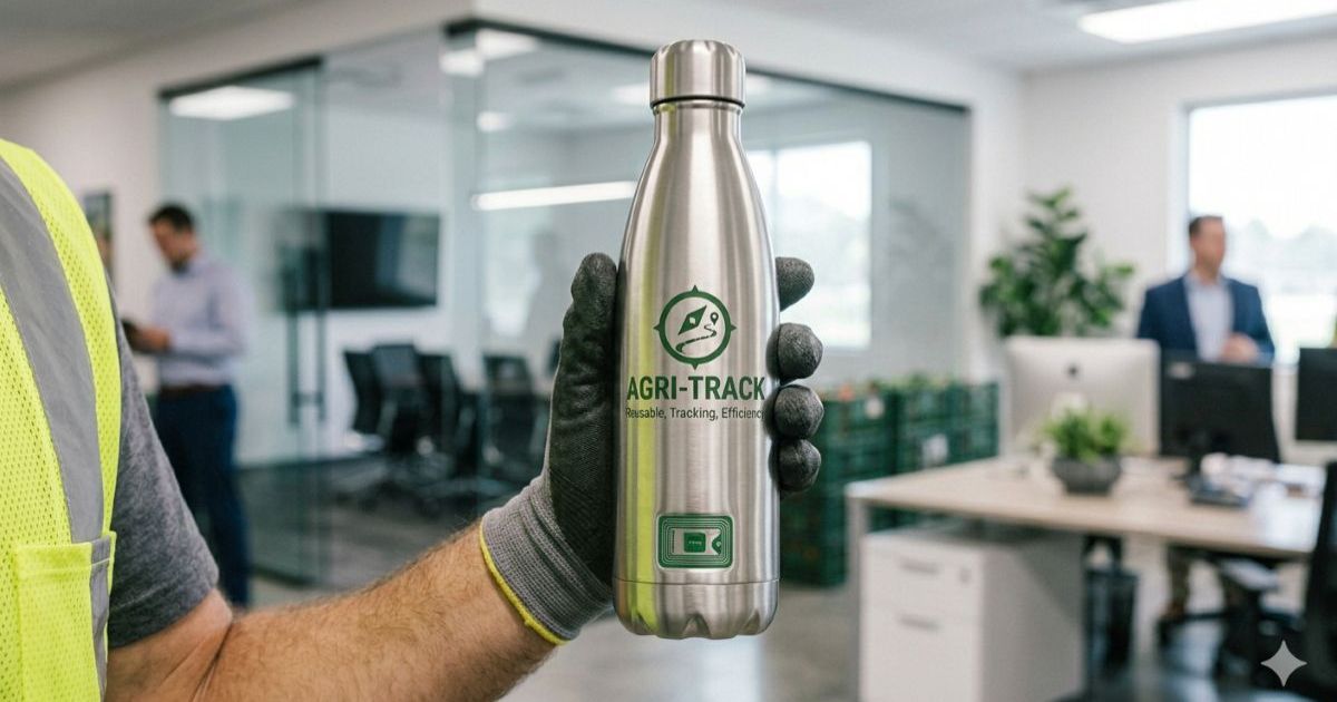 Professional holding branded stainless steel reusable water bottle with company logo visible in modern office environment showing brand representation