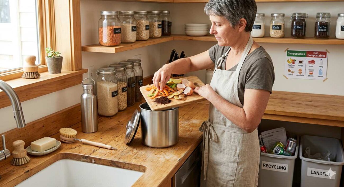 Composting bin with fruit and vegetable scraps demonstrating eco-friendly