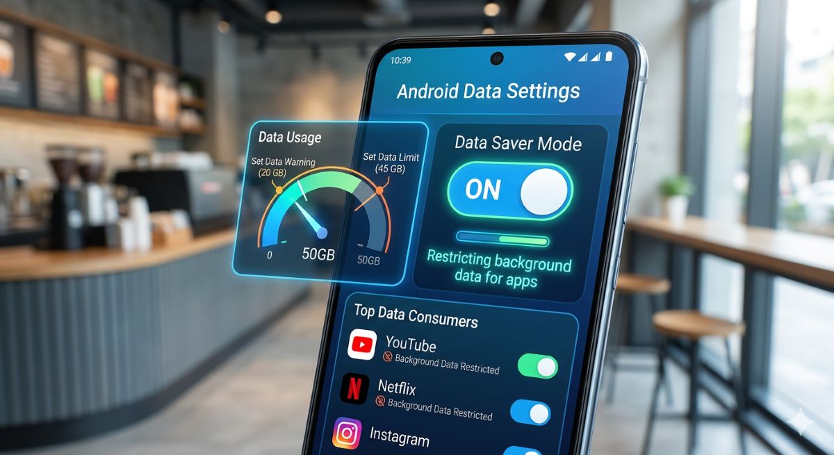 Android phone settings screen showing Data Saver mode toggle, mobile data reduction settings