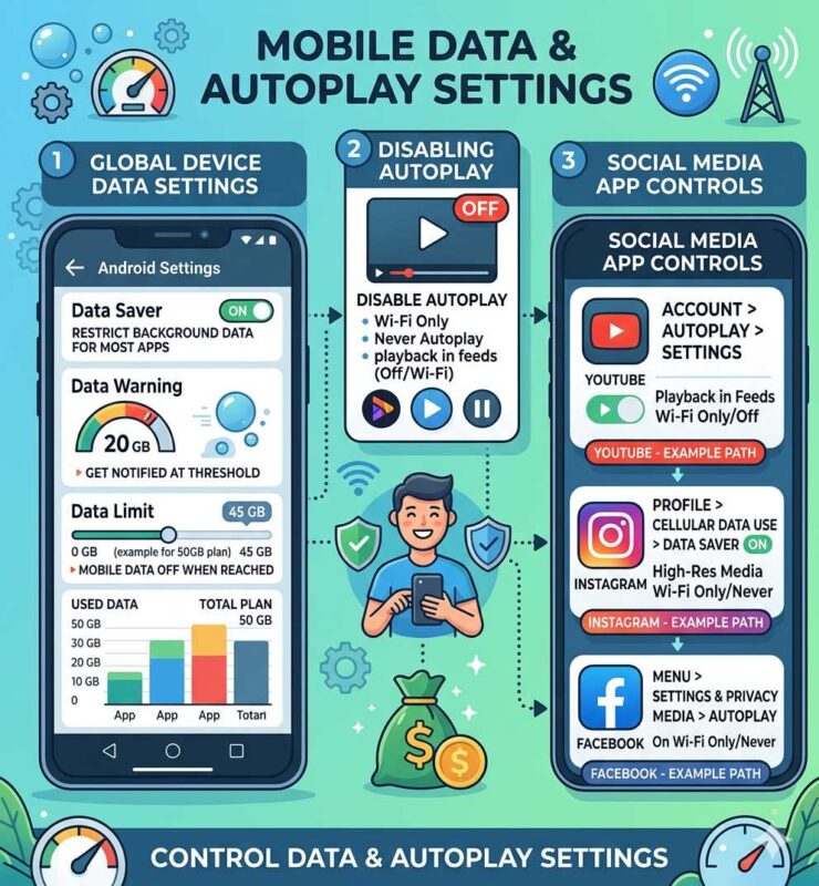 Social media app settings showing video autoplay disabled, data saving options on smartphone