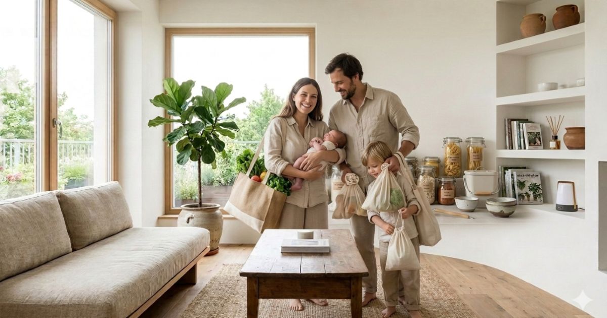 Happy family of four in Austin Texas holding reusable bags and compost bin, sustainable living zero waste success story"