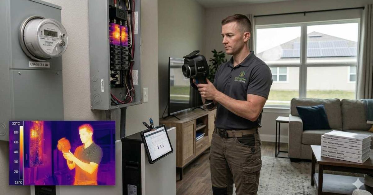 Technician inspecting home with tablet