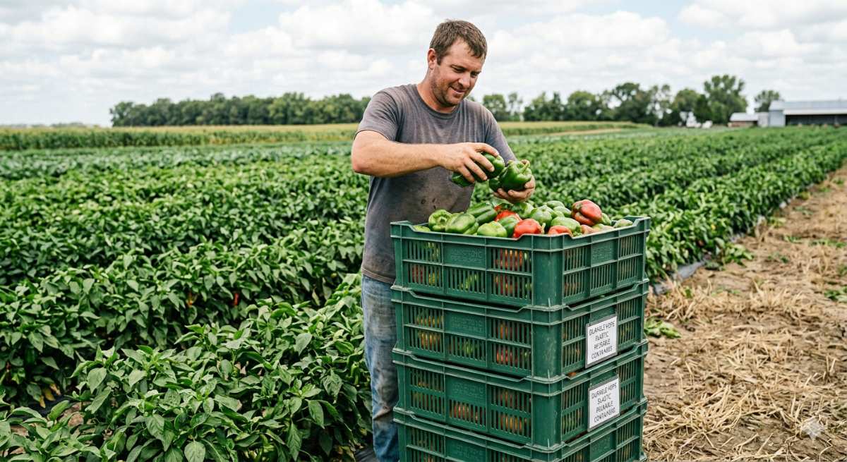 Farmer loading fresh vegetables into stackable reusable produce containers during harvest with green fields visible in background