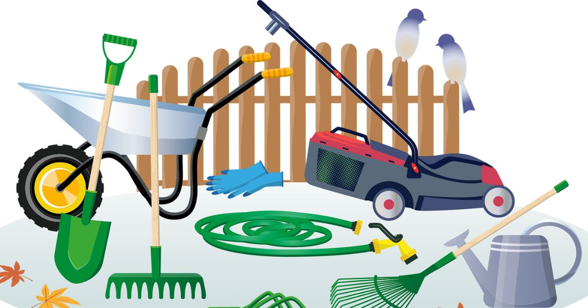 Essential beginner gardening tools: shovel, rake, trowel, gloves, and watering can arranged neatly"