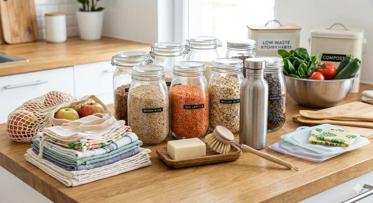 Reusable cloth rags, stainless steel bottles, and shampoo bars on kitchen counter showing sustainable swaps