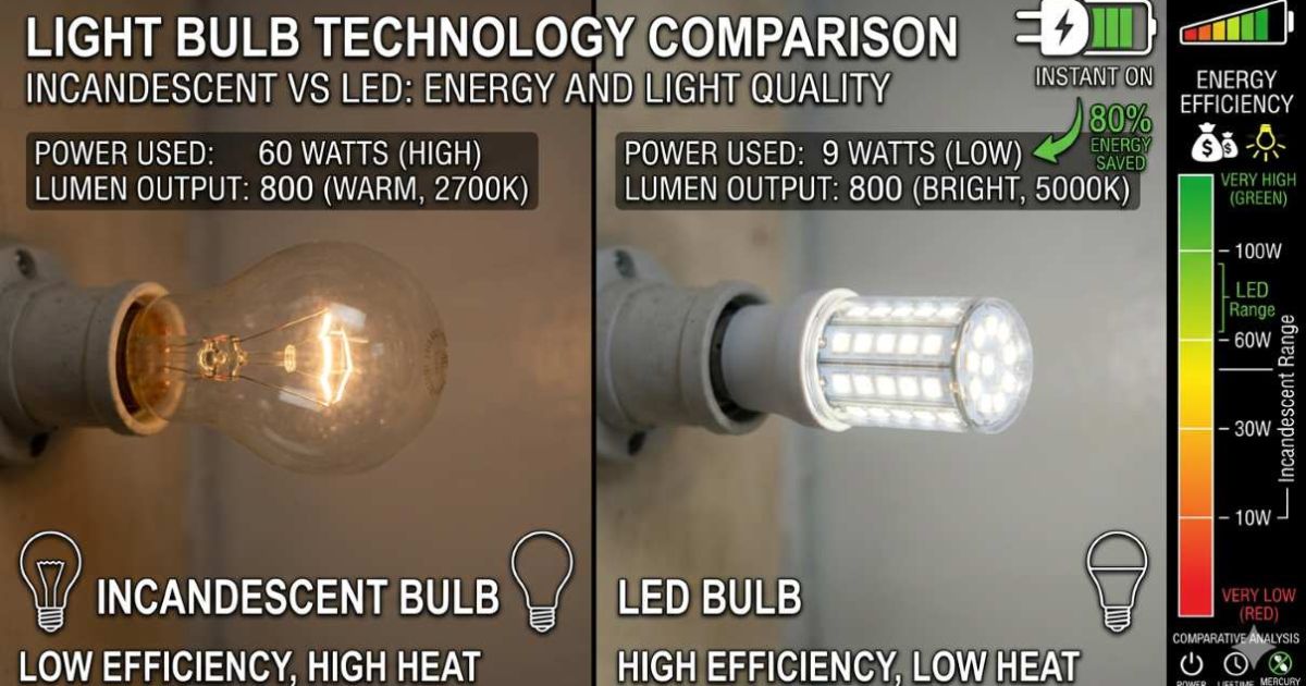 LED vs incandescent bulb comparison energy saving