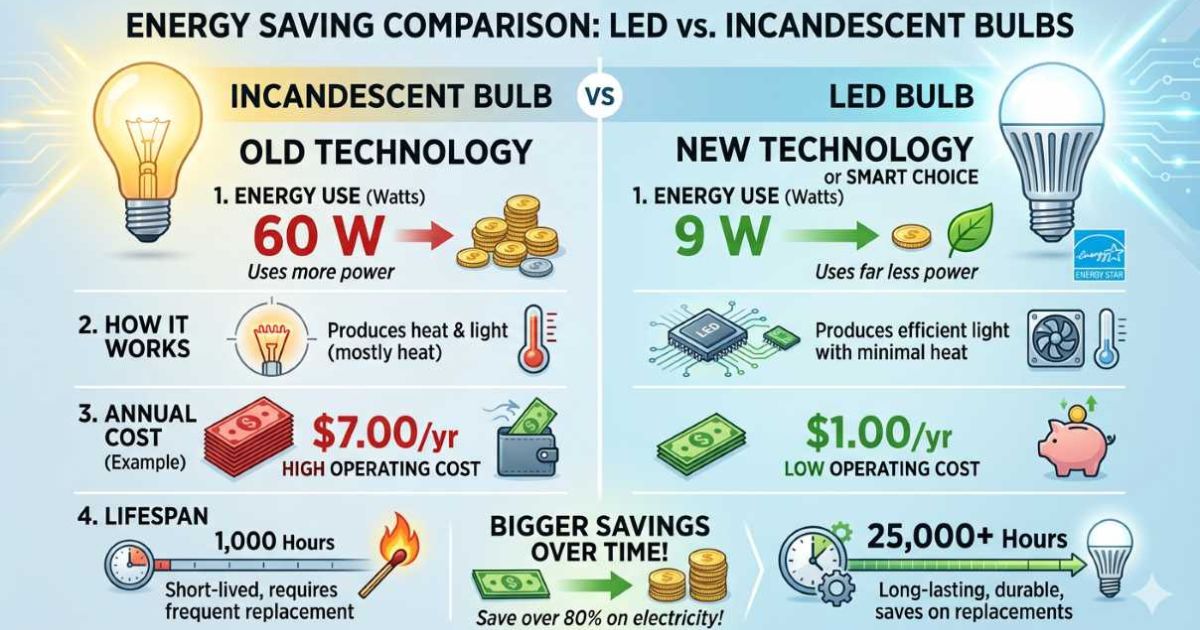 LED bulb vs incandescent comparison energy saving