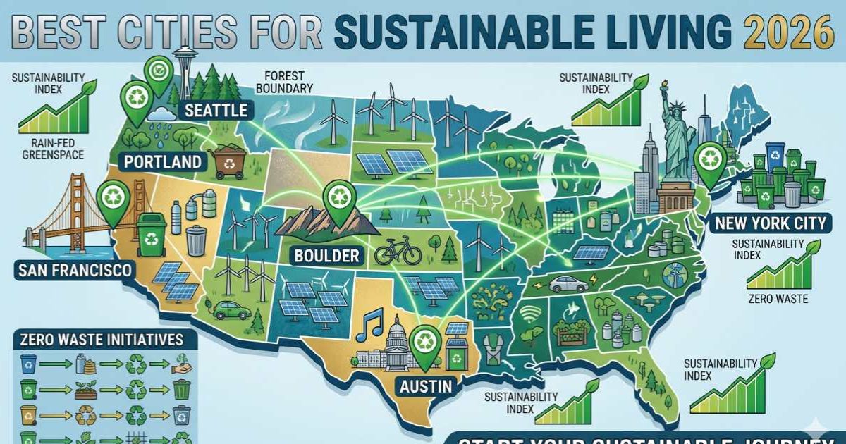 "Map of United States highlighting San Francisco, Seattle, Portland, Austin, NYC, and Boulder with zero waste icons, best cities for sustainable living 2026"