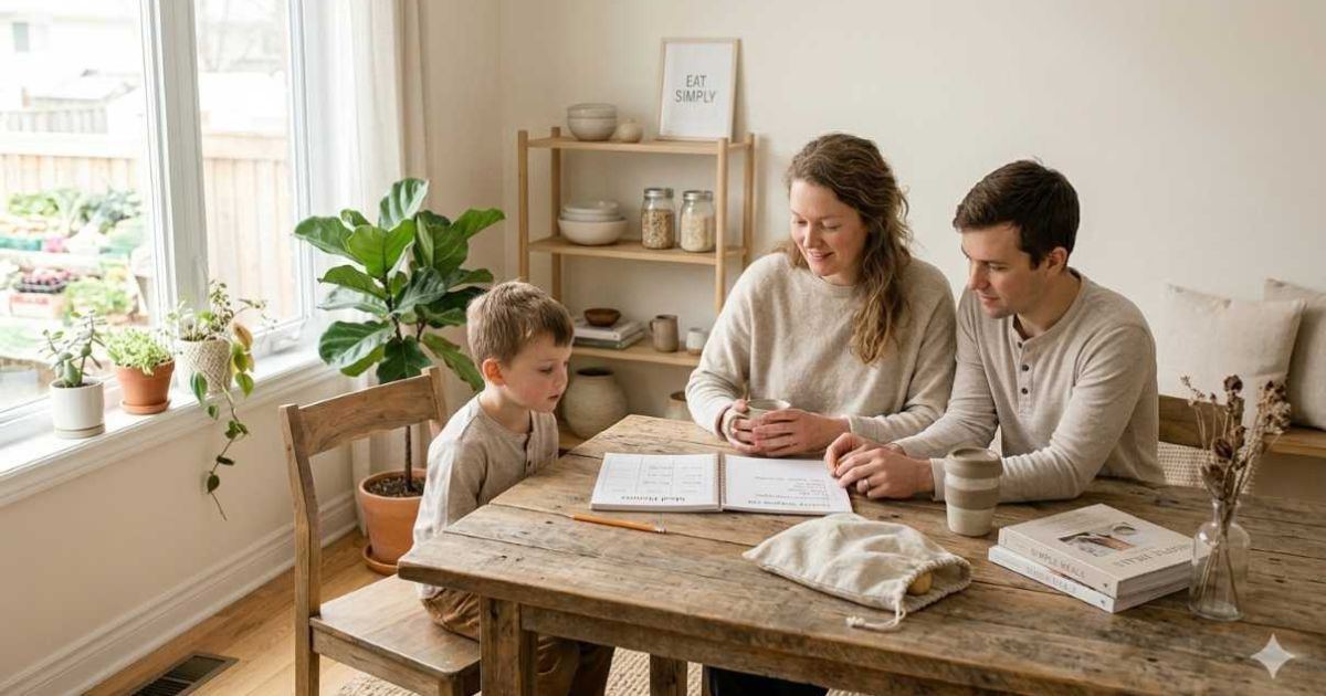 Family meal planning at kitchen table with fresh vegetables and grocery list, reducing food waste