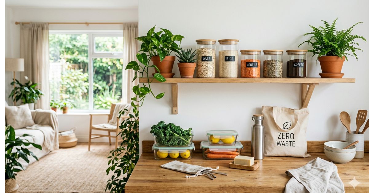 Minimalist eco-friendly home with reusable containers and plants representing zero waste lifestyle