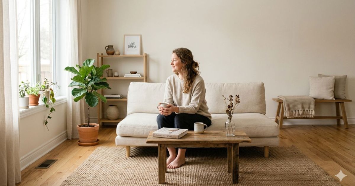 Person meditating in minimalist living room with plants and natural light, mindful consumption lifestyle