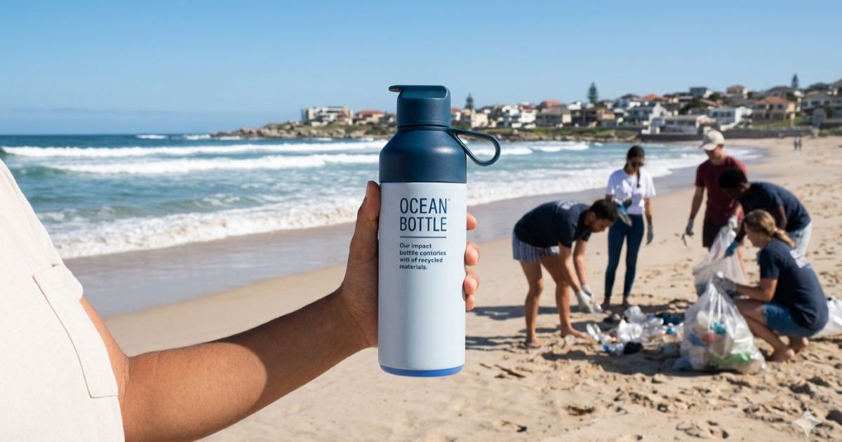 Ocean Bottle reusable water bottle held against beach background with ocean waves and coastal community visible demonstrating mission-driven brand impact