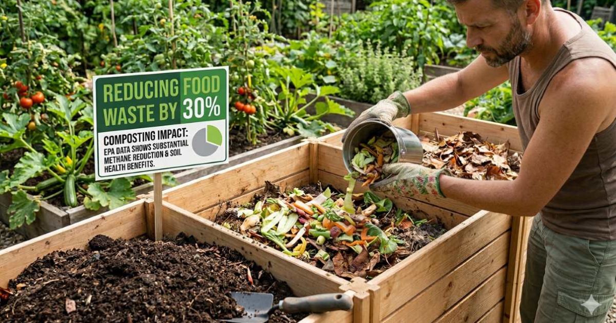 "Person adding vegetable scraps to compost bin, reducing food waste by 30%, EPA data on composting impact"