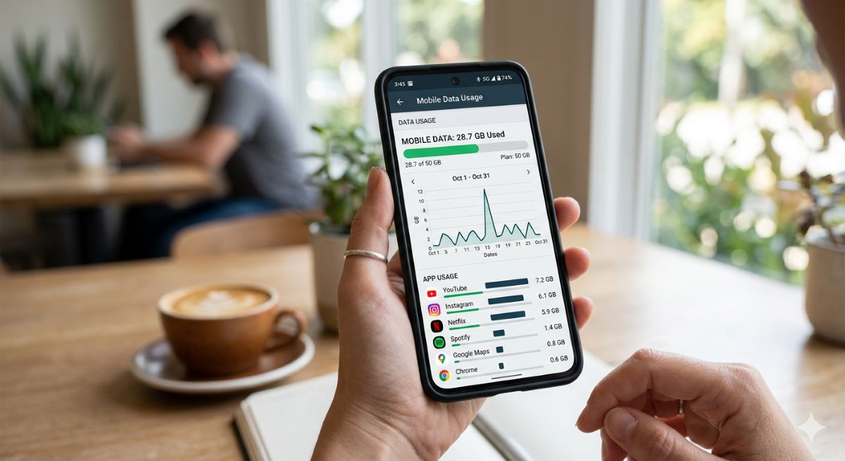 Smartphone data usage statistics screen showing app consumption breakdown, mobile data monitoring