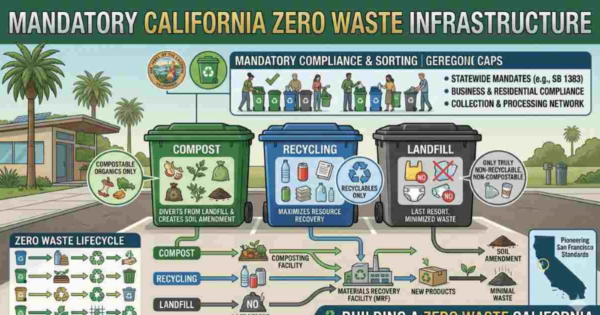 "San Francisco three-bin system for compost, recycling, and landfill, mandatory zero waste infrastructure in California"