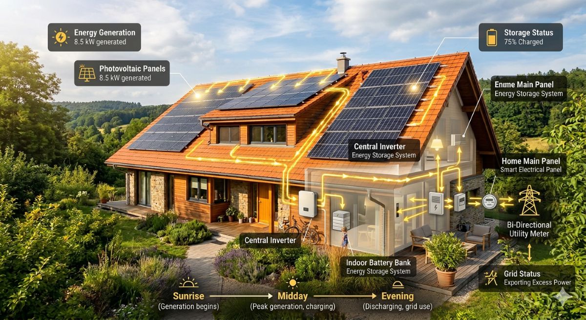 Infographic: Sun → Panels → Inverter → Home