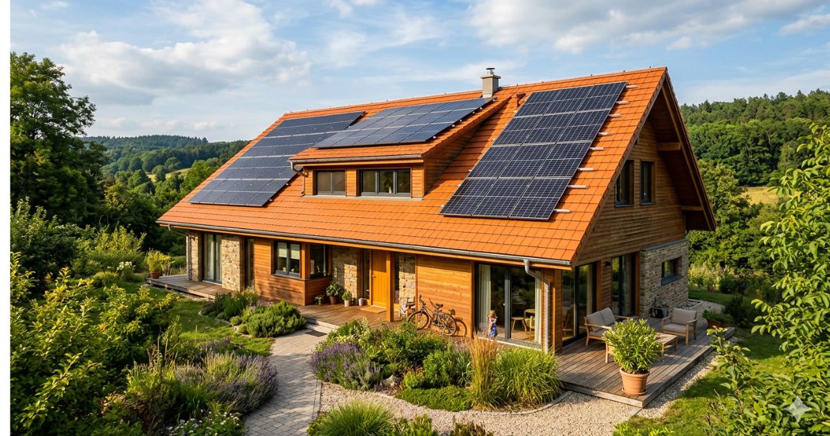 Modern house with orange roof + solar panels
