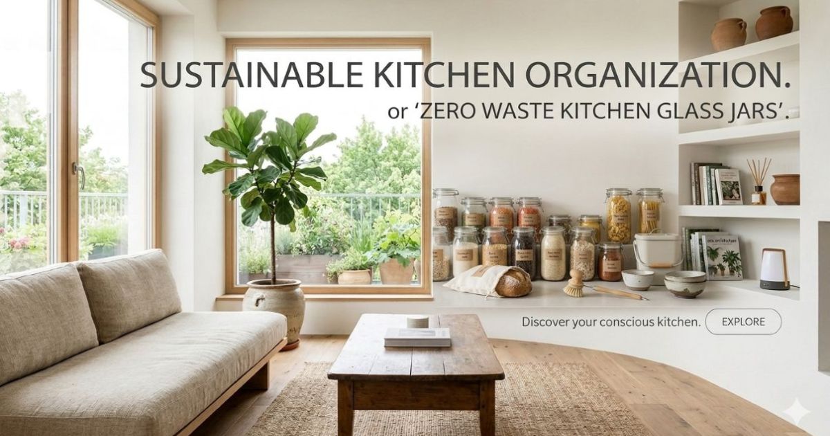Organized sustainable kitchen with glass jars, beeswax wraps, compost bin, and fresh vegetables, zero waste kitchen organization"
