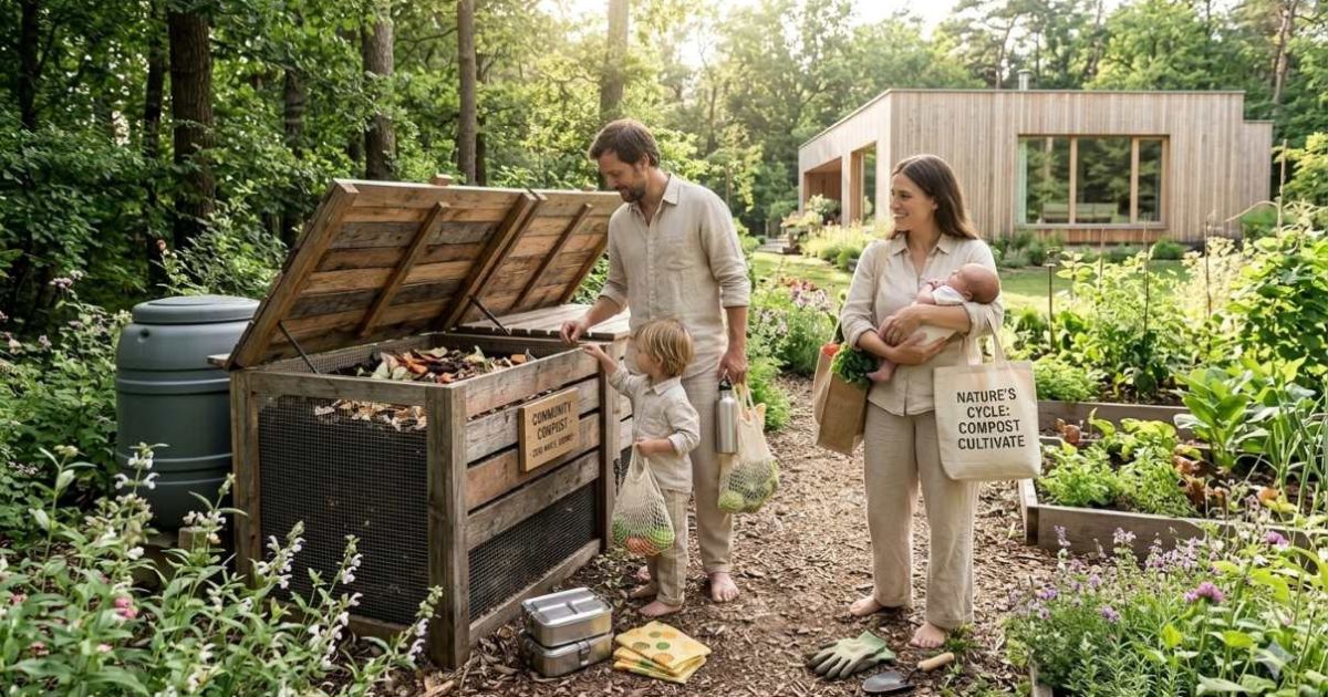 "Person walking on forest path at sunset with reusable water bottle, sustainable living zero waste journey connection to nature"