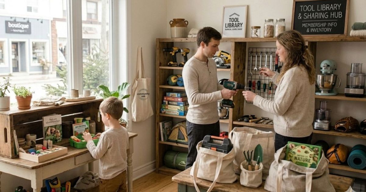 Community tool library with shelves of tools available for borrowing, sharing economy