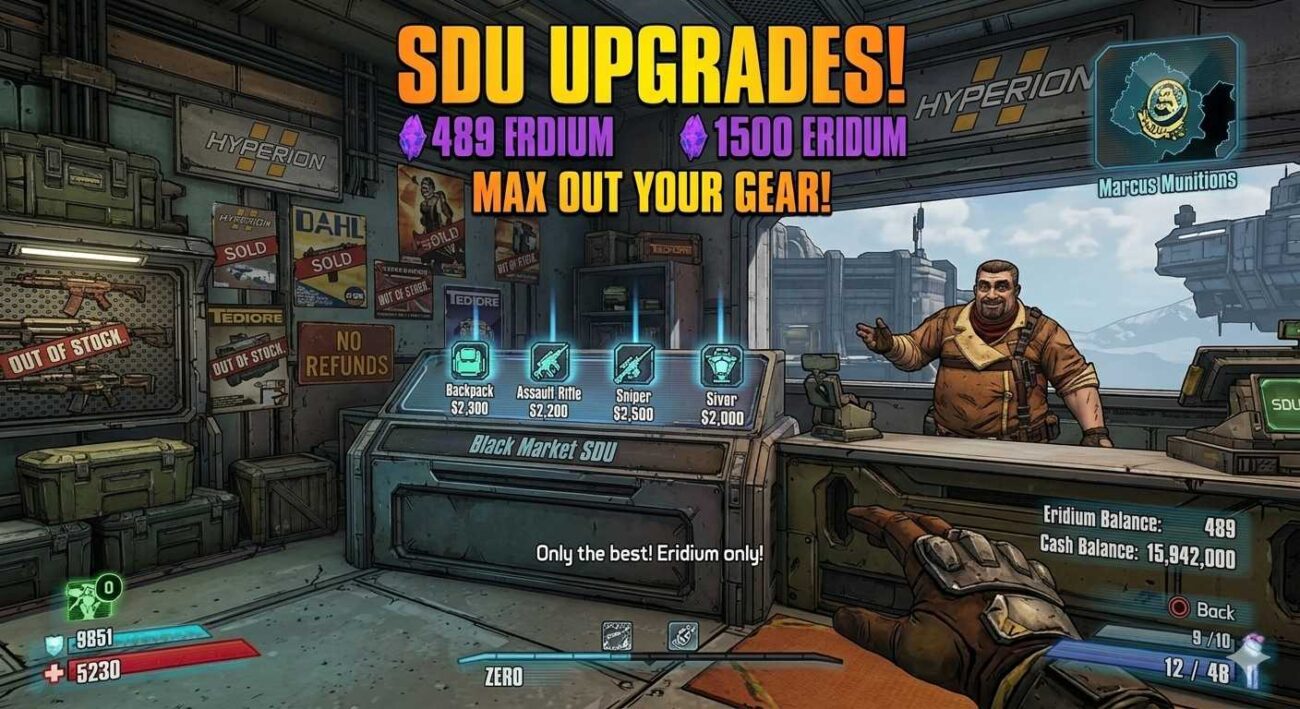 Borderlands 2 Marcus Munitions shop in Sanctuary, SDUs ammo upgrade screen