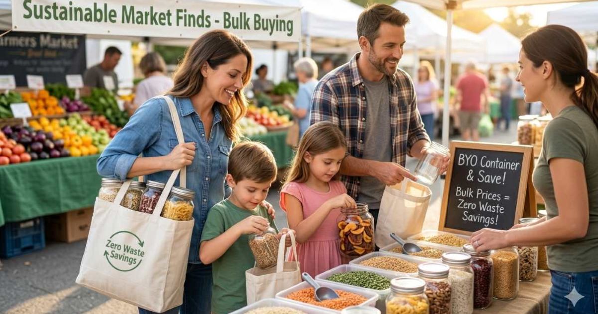 "American family shopping at farmers market with reusable bags and glass jars, saving money with bulk buying, zero waste lifestyle savings"