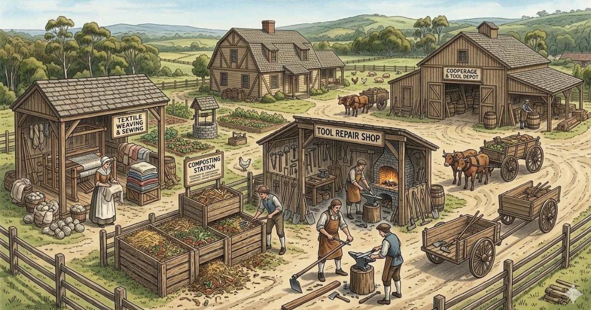 Early American household reusing clothes, composting food scraps, and repairing tools