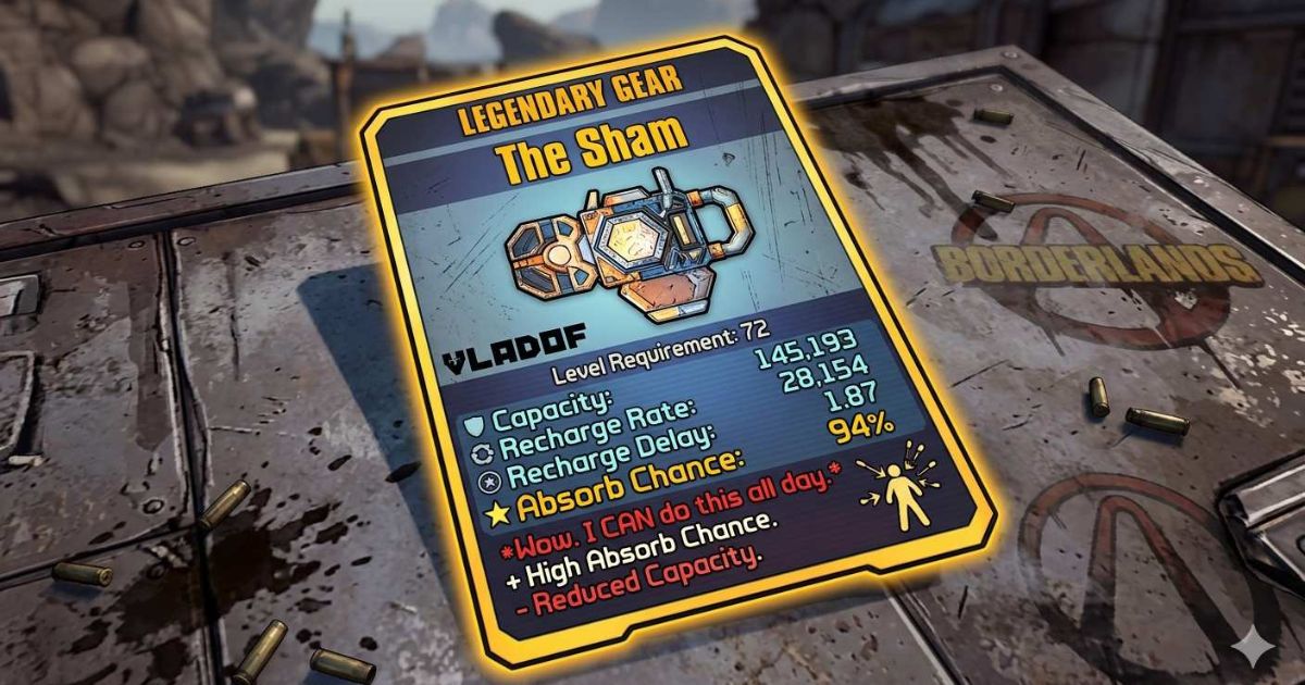 Borderlands 2 The Sham shield item card showing 94% absorb chance, legendary gear