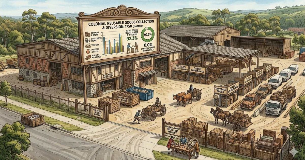 Colonial American family practicing zero waste with reusable goods and no plastic