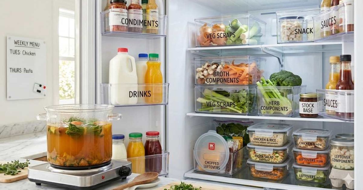 Person cooking with vegetable scraps in kitchen, making stock from peels and ends, zero waste cooking"