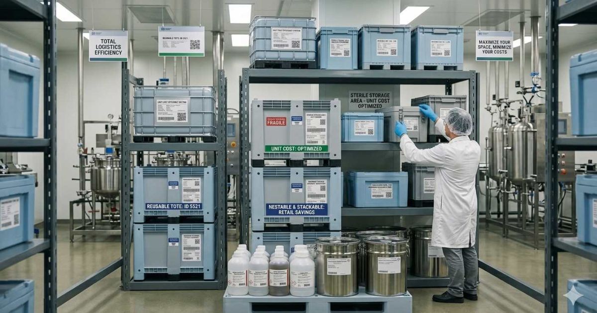 stacked reusable containers in warehouse showing cost-effective pharmaceutical storage