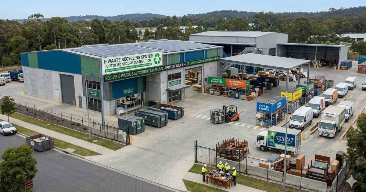 Stack of old computers monitors and electronics at e-waste recycling facility, proper electronic disposal"
