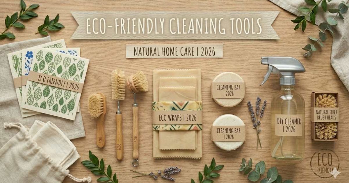 Alt Text: Eco-friendly cleaning supplies including Swedish dishcloths and wooden brushes